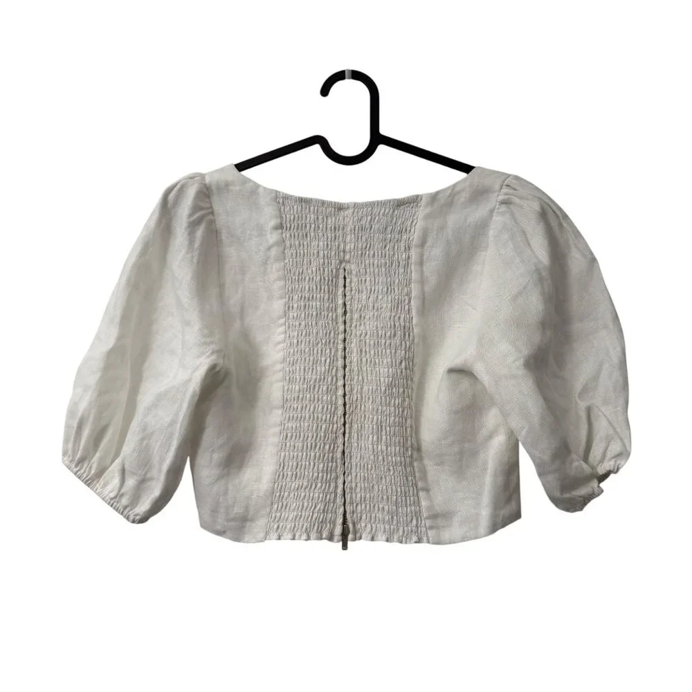 Reformation White Pure Linen Puff Sleeve Square Neck Cropped Blouse Top Size 2